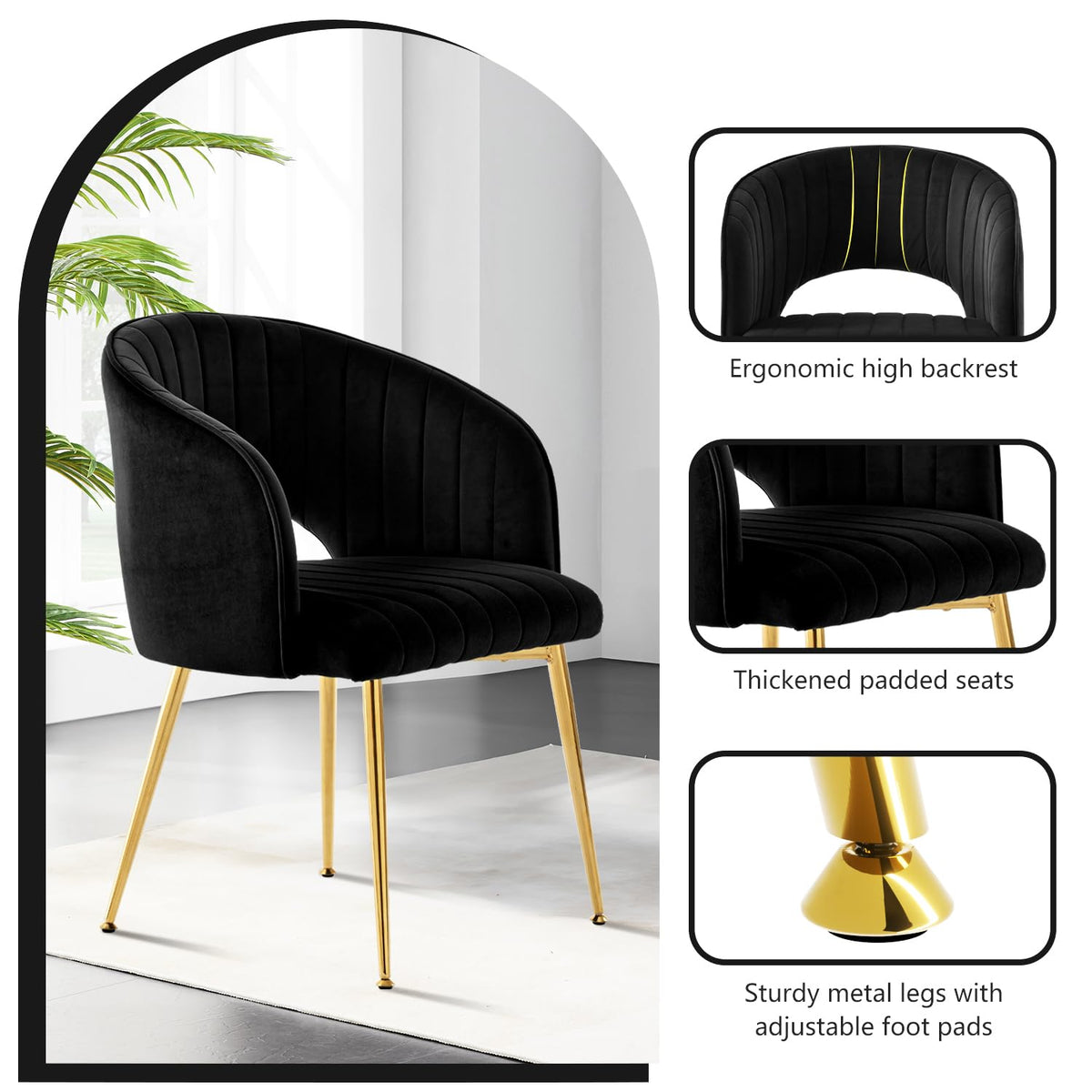 Juego de 6 sillas de comedor de terciopelo, sillas tapizadas con reposabrazos, patas doradas, sillas de cocina, para salón, dormitorio, oficina (6, blanco crema)