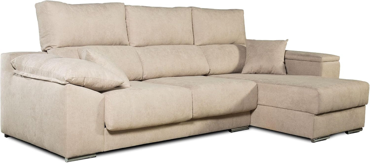 Sofá Chaise Longue Corsa Moderno y Contemporáneo | Confort Máximo con Asientos Deslizantes y Respaldos Reclinables | Tela Antimanchas Aqualine, Arcón de Almacenaje, Hecho en España – Beige Derecha