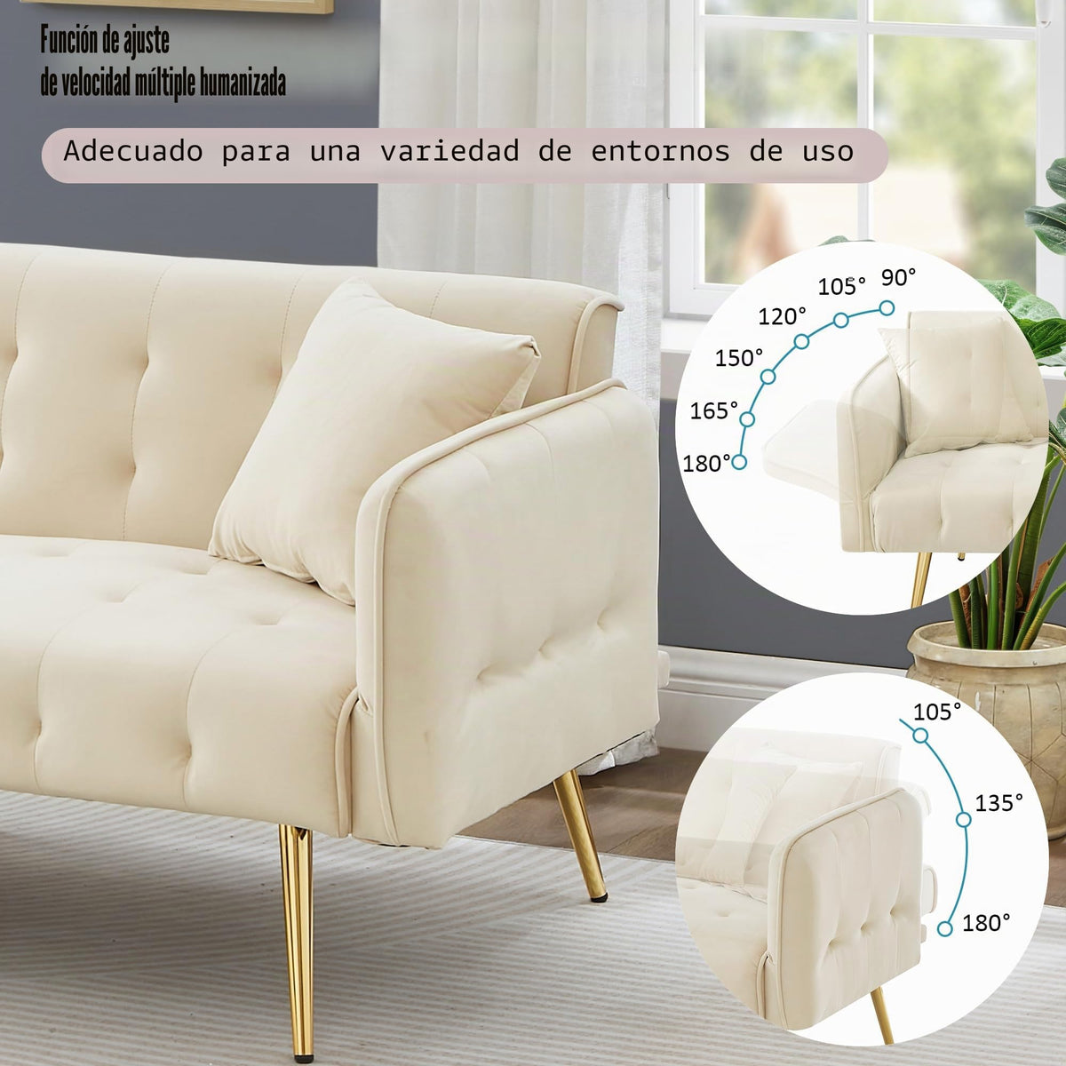 Sofá cama con esquinas ajustables, patas doradas, almohadas y bolsillos laterales para almacenamiento (Bavia)