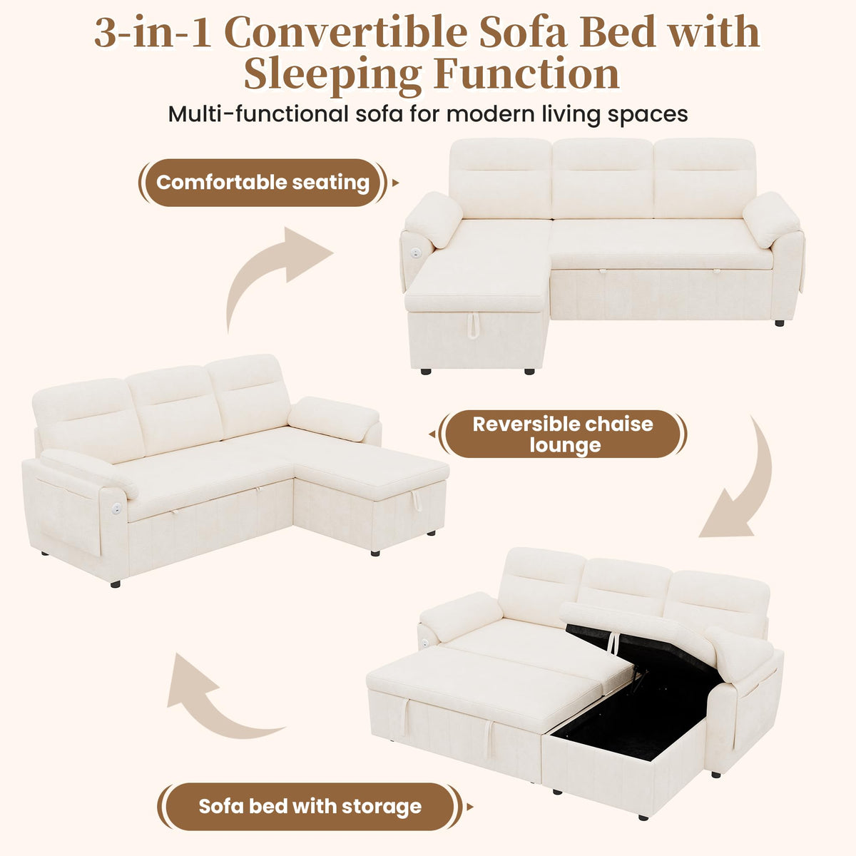 Sofá modular de 3 plazas con función cama extensible y USB/Type-C, sofá esquinero en forma de L con reposacabezas semifijos y compartimento de almacenamiento, sofás con chaise longue