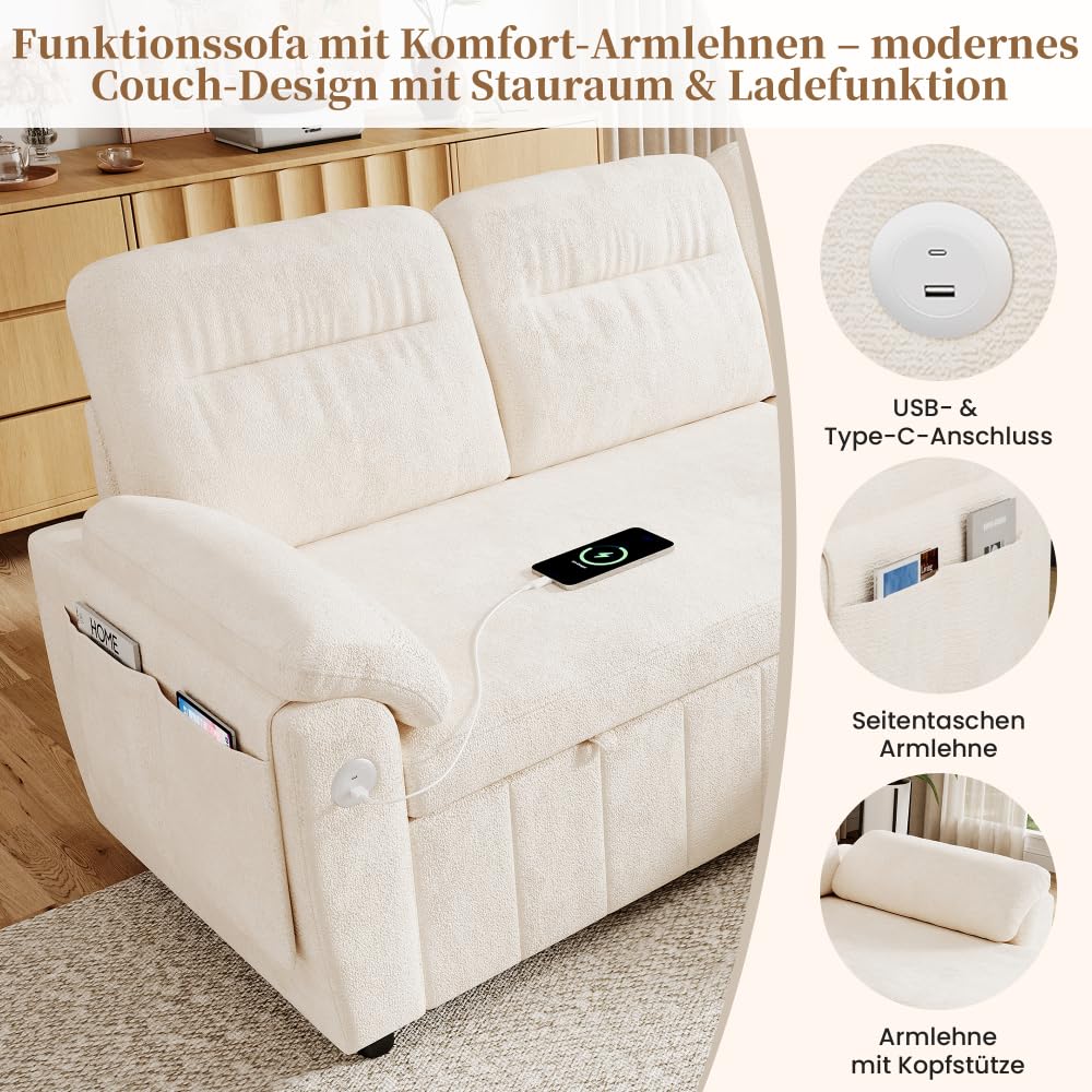 Bladez Sofá cama extensible en forma de L de lino con espacio de almacenamiento, soporte para bebidas, sofá modular de 3 plazas para salón (gris)