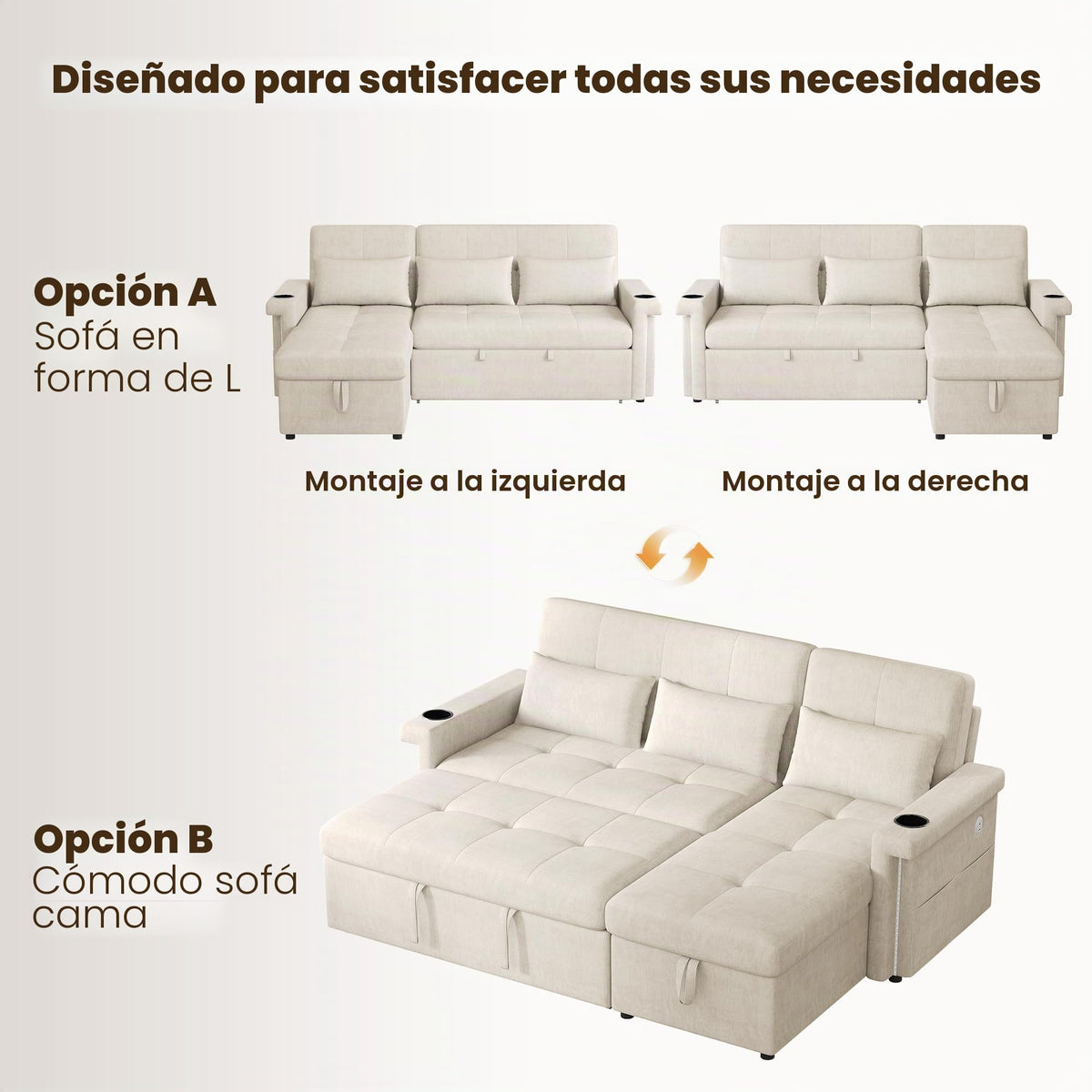 Bladez Sofá cama extensible en forma de L de lino con espacio de almacenamiento, soporte para bebidas, sofá modular de 3 plazas para salón (gris)