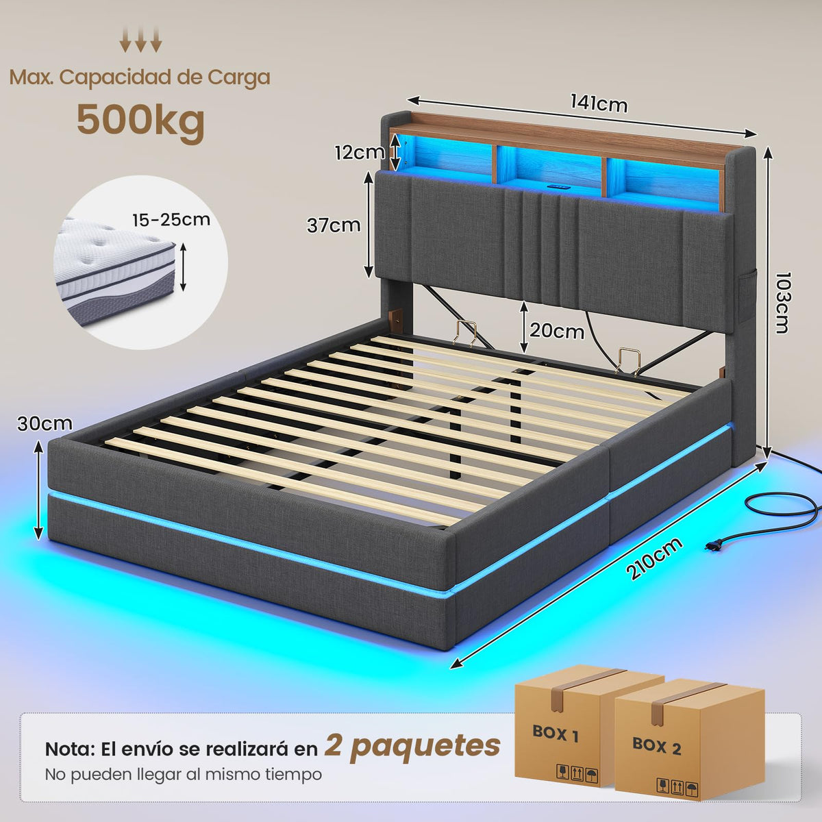 AOGLLATI Cama Matrimonial 140x190 cm con Almacenamiento Hidráulico, Lino