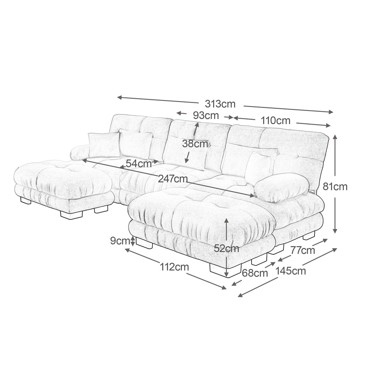 Sofá seccional Cloud en forma de L de 4 plazas con otomana móvil, ciniglia paisaje residencial con asiento profundo y reposabrazos anchos, gran sofá de sala para apartamento