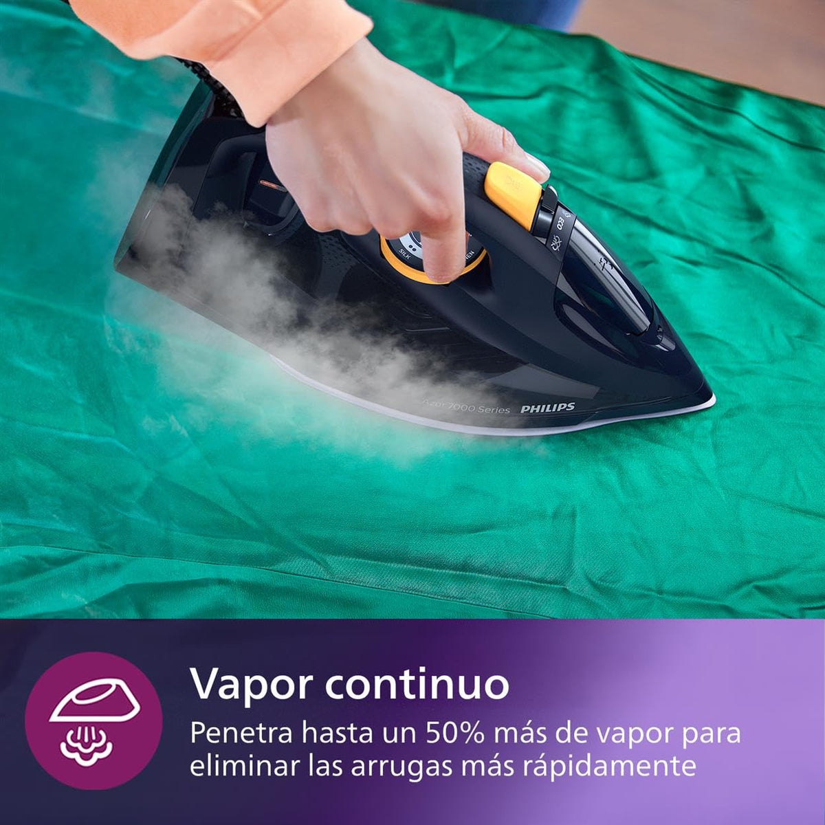 Philips Azur Series 7000 Plancha de vapor - 2800 W, 50 g/min de vapor continuo, 250g de golpe de vapor, vapor vertical, suela SteamGlide Plus, Louros/Algodón Azul (DST7020/20)