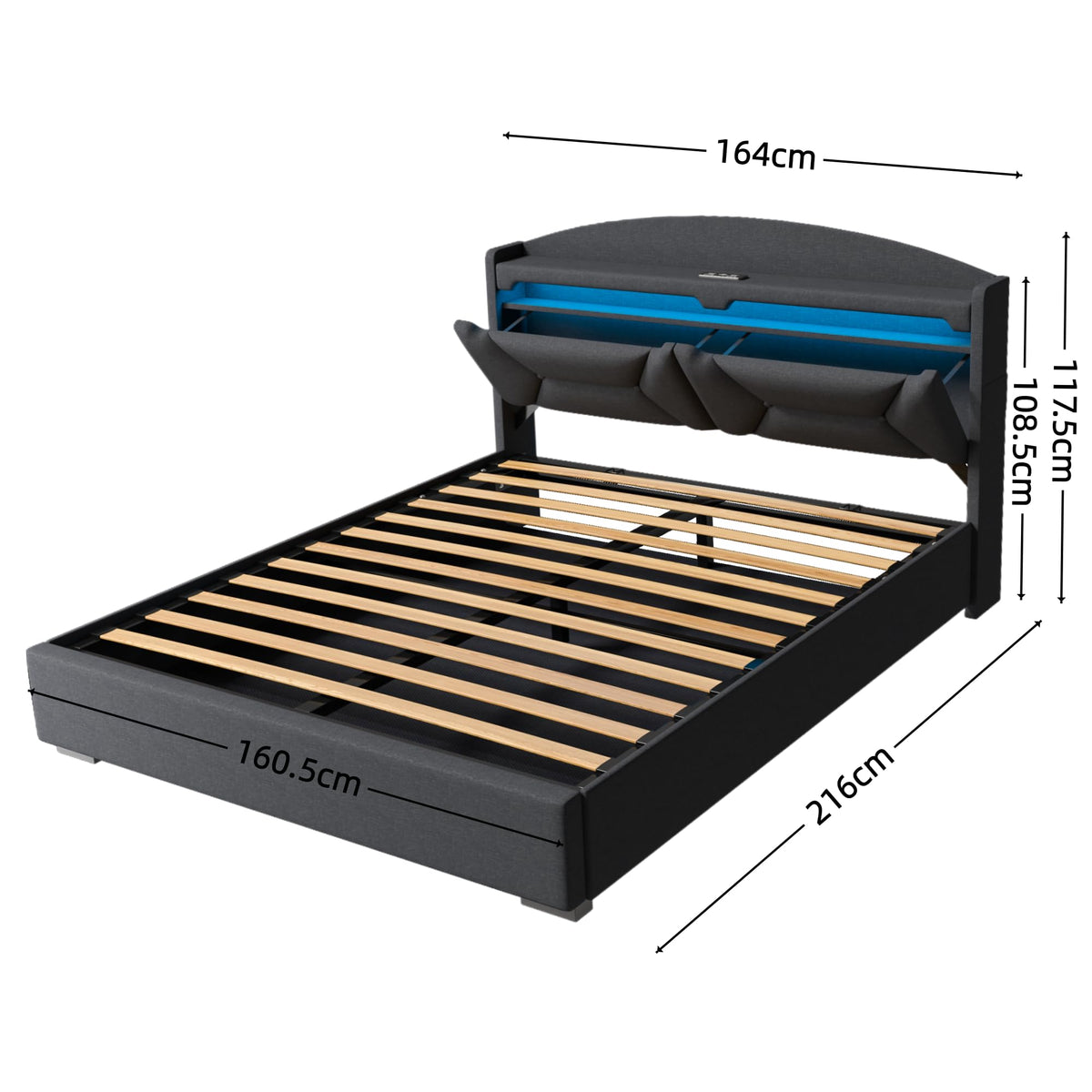 Cama 90x200 cm con Almacenamiento, Cama Individual con LED, Puertos USB y Type-C, Somier 90x200 Hidráulico, Camas Juveniles Camas Infantiles con Cabecero, Lino, Beige, Colchón No Incluido