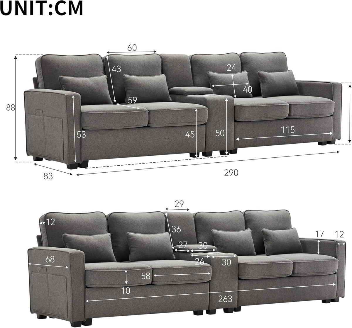 Sofá moderno de 4 plazas, en tejido de lino, soporte para bebidas, 2 puertos de carga USB con cable, bolsillos en reposabrazos y 4 cojines, sofá sencillo para sala de estar