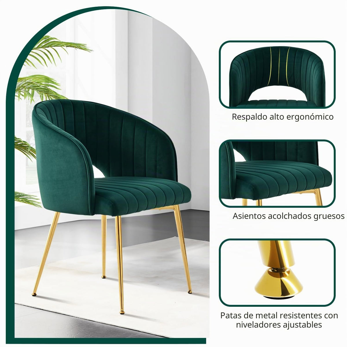 Juego de 6 sillas de comedor de terciopelo, sillas tapizadas con reposabrazos, patas doradas, sillas de cocina, para salón, dormitorio, oficina (6, blanco crema)
