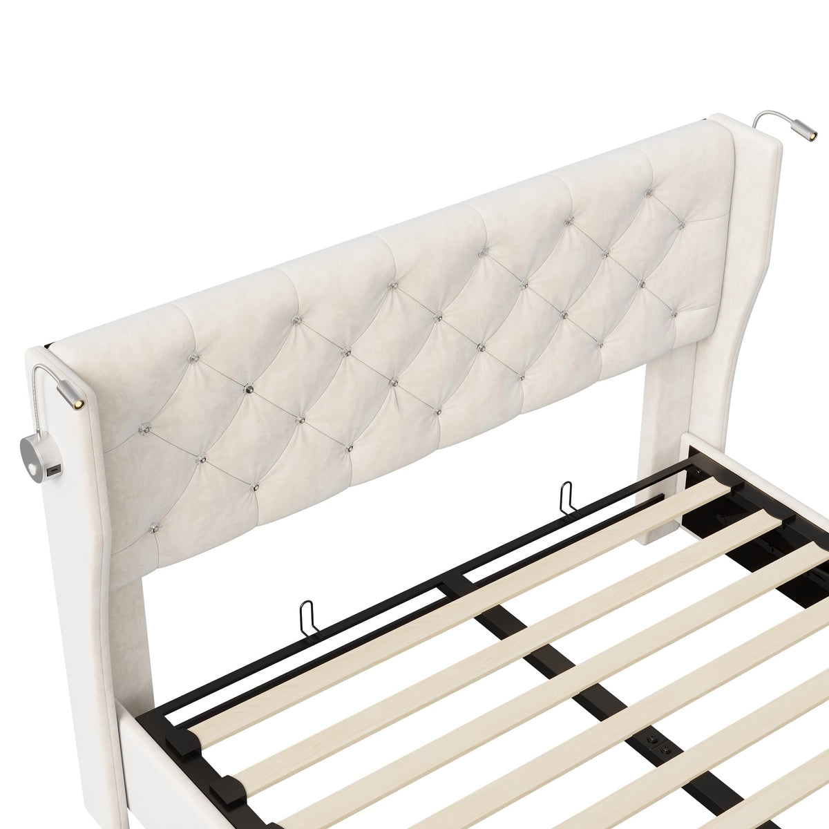 BRILVERDE Cama Tapizada 140x200 con Almacenamiento hidráulico, Cama matrimonial con Toma USB y luz LED, Cabecero Acolchado y Base de Láminas, Terciopelo (Beige, 140 x 200 cm)
