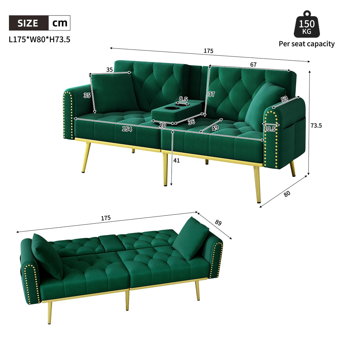 Azkoeesy Sofá cama de 2 plazas con soporte para bebidas, 175 cm, sofá cama con función de dormir, respaldo ajustable en 3 posiciones, patas metálicas doradas y remaches, para sala de estar y cine en