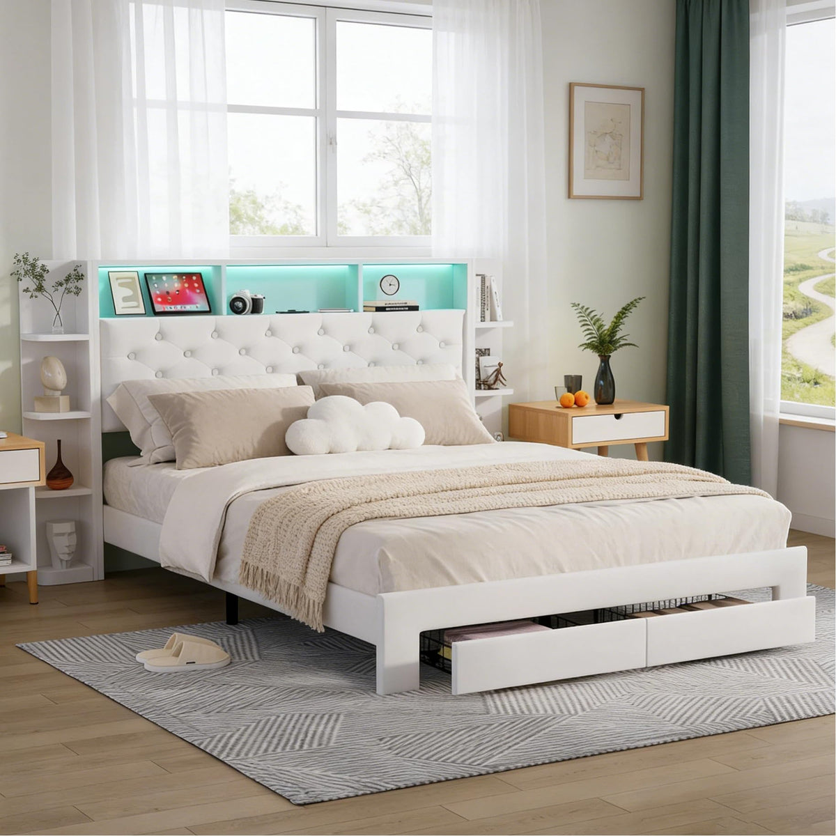 BRILVERDE Cama Tapizada 160x200 con Almacenamiento, Cama matrimonial con cajones, Cama Nido con LED, Cabecero Acolchado y Base de Láminas, Terciopelo (Beige, 160 x 200 cm)