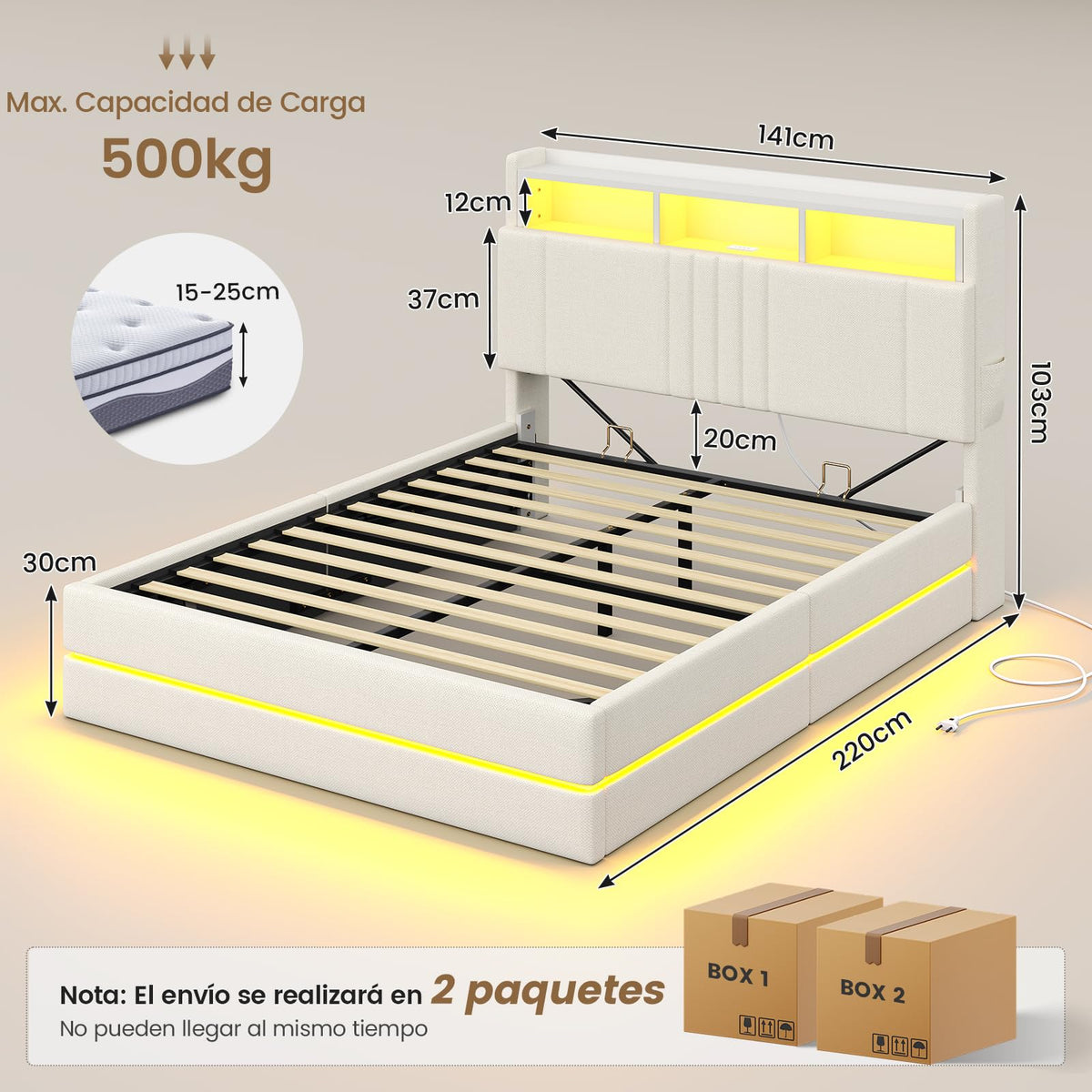 AOGLLATI Cama Matrimonial 140x190 cm con Almacenamiento Hidráulico, Lino
