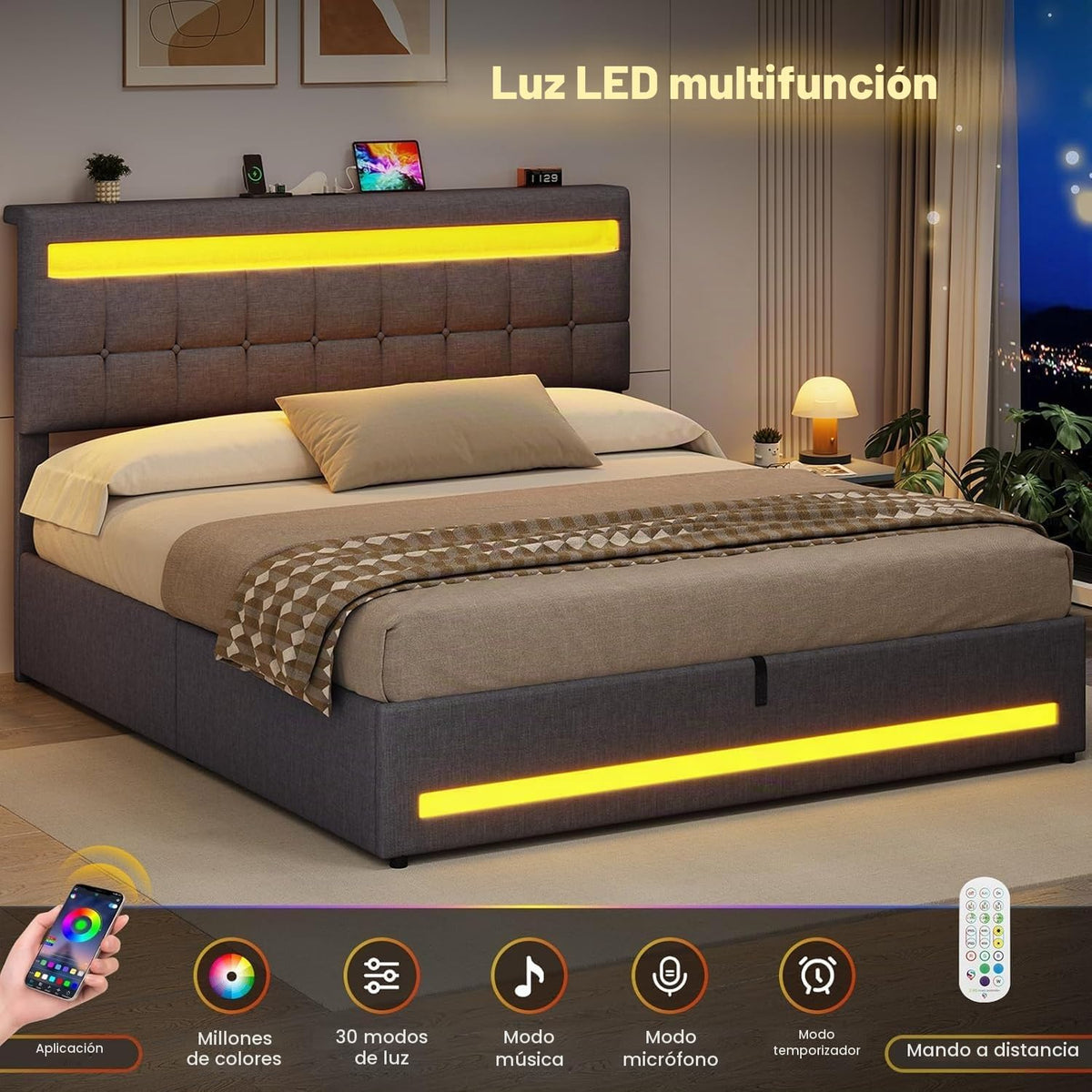 AOGLLATI Camas Matrimoniales 140x190 cm con Almacenamiento Hidráulico, Cama Canapé con Cabecero Ajustable, Estructura de Cama con Luces LED y Estación de Carga (USB y Tipo-C), Gris Oscuro