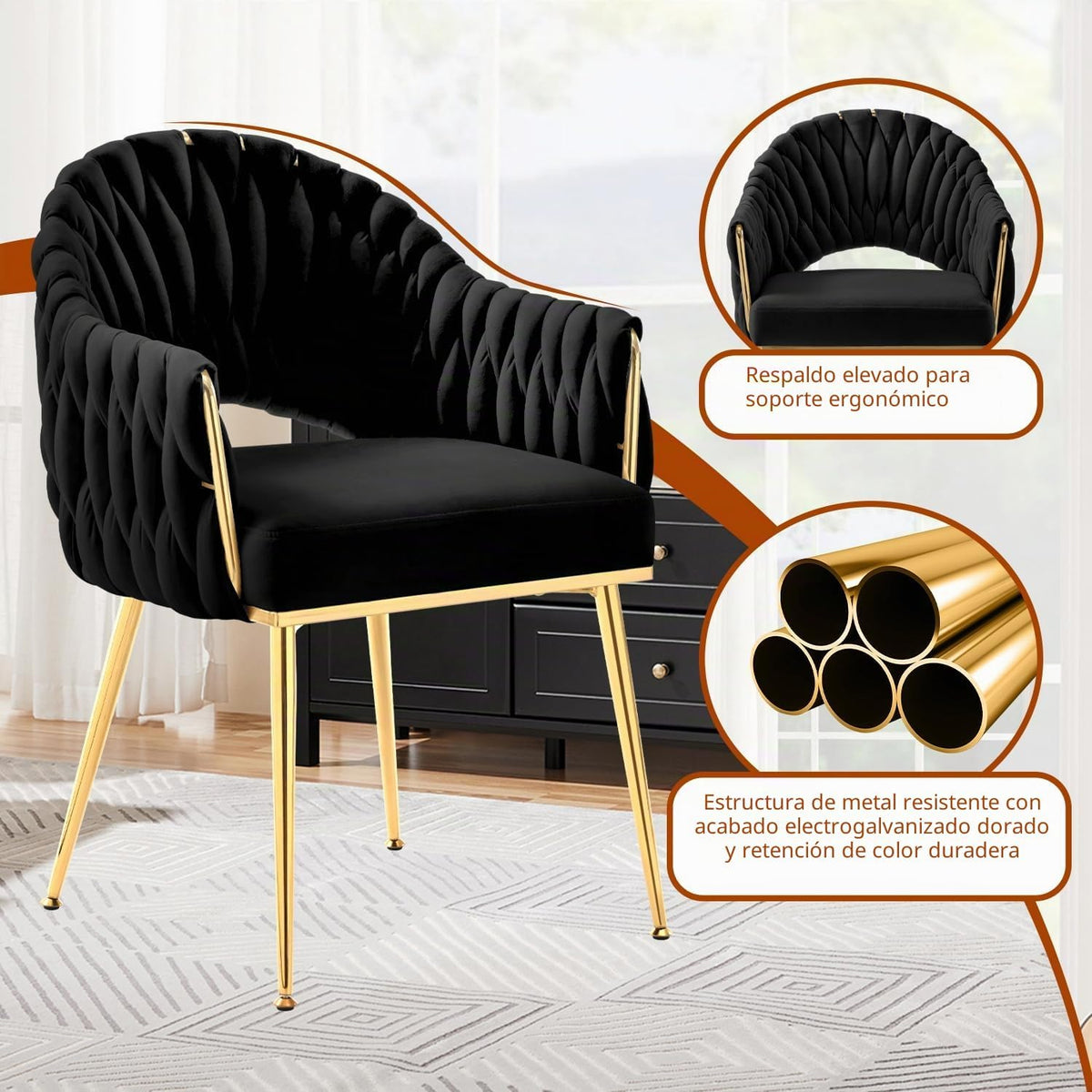 Juego de 4 sillas de comedor de terciopelo, sillones de salón, sillas de comedor con reposabrazos, sillas de cocina con respaldo alto trenzado a mano, silla de tocador con patas doradas