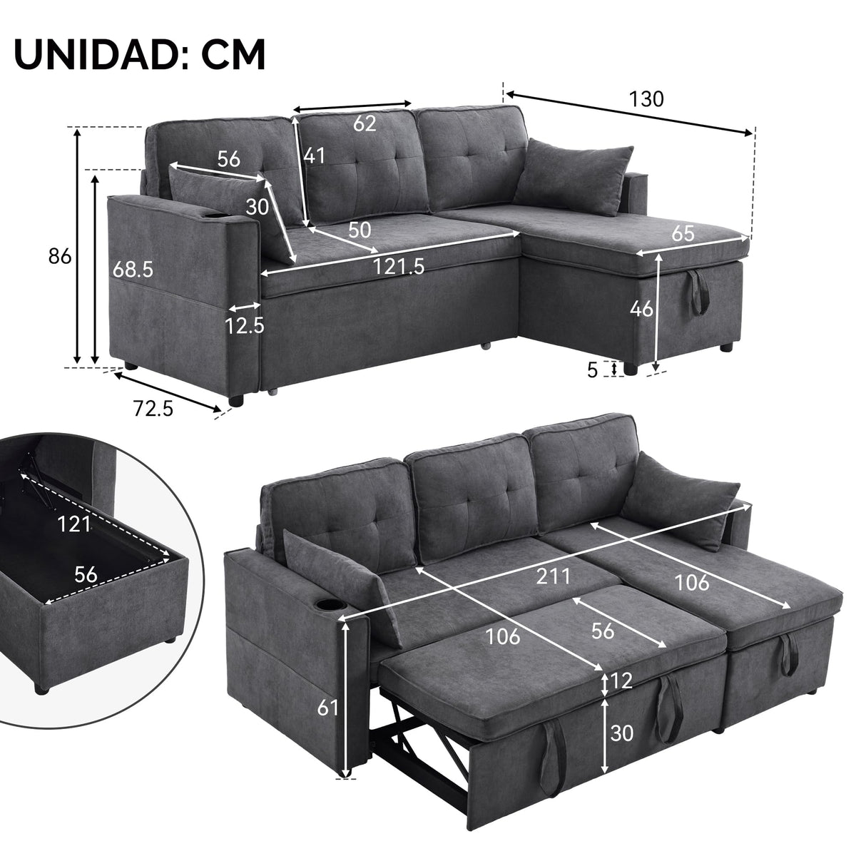 Sofá esquinero extensible en forma de L con puerto USB y portavasos, sofá cama de 4 plazas con función cama, sofá convertible con espacio de almacenamiento y reposabrazos, cojines, chenilla