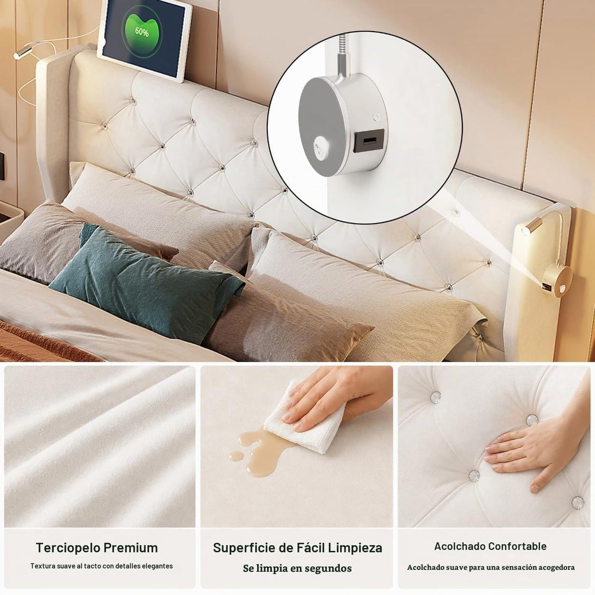 BRILVERDE Cama Tapizada 140x200 con Almacenamiento hidráulico, Cama matrimonial con Toma USB y luz LED, Cabecero Acolchado y Base de Láminas, Terciopelo (Beige, 140 x 200 cm)