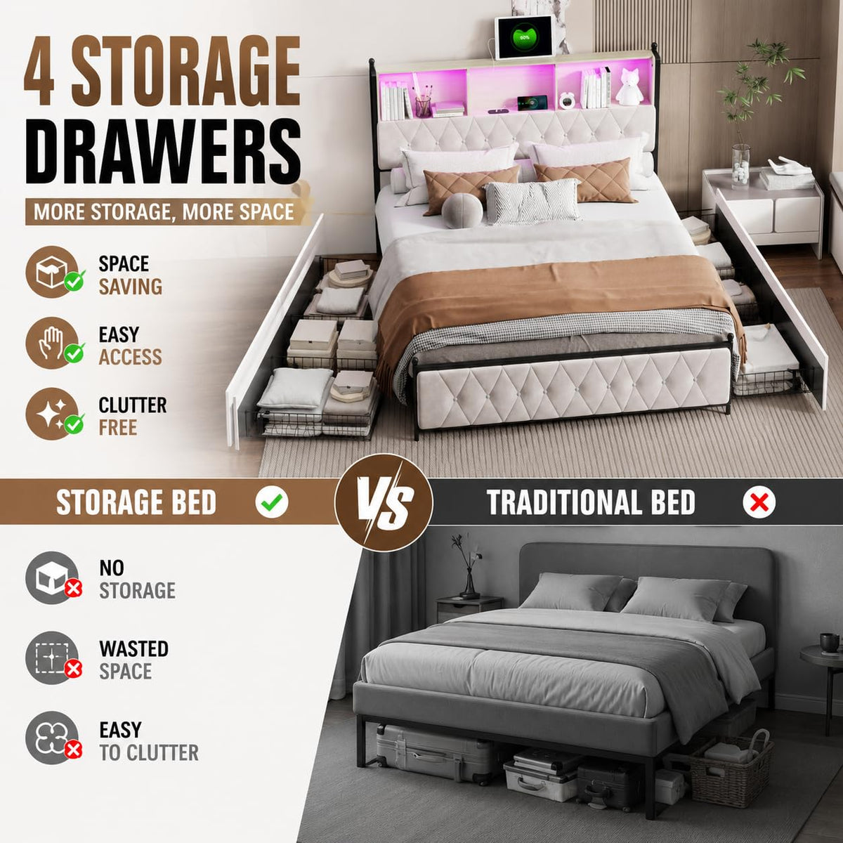 BRILVERDE Cama Tapizada 160x200 con Almacenamiento, Cama matrimonial con cajones, Cama Nido con LED, Cabecero Acolchado y Base de Láminas, Terciopelo (Beige, 160 x 200 cm)
