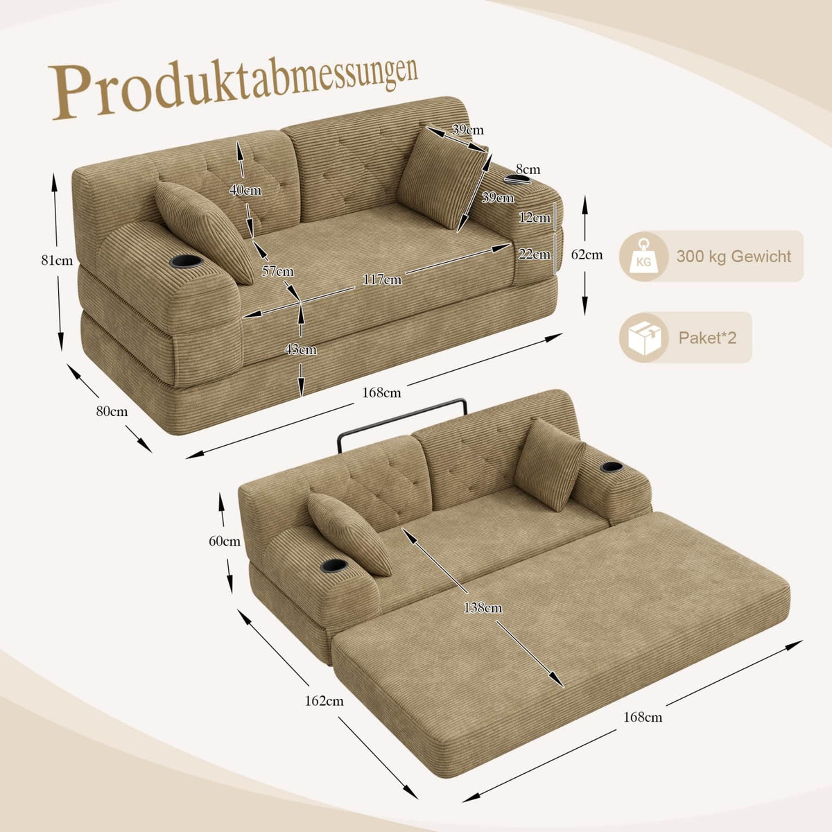 YEHTOKHOME - Sofá de Velor acanalado con respaldo alto y estructura metálica, sofá moderno de 2 plazas con 2 portavasos y 4 bolsillos laterales, para salón, dormitorio (Beige)
