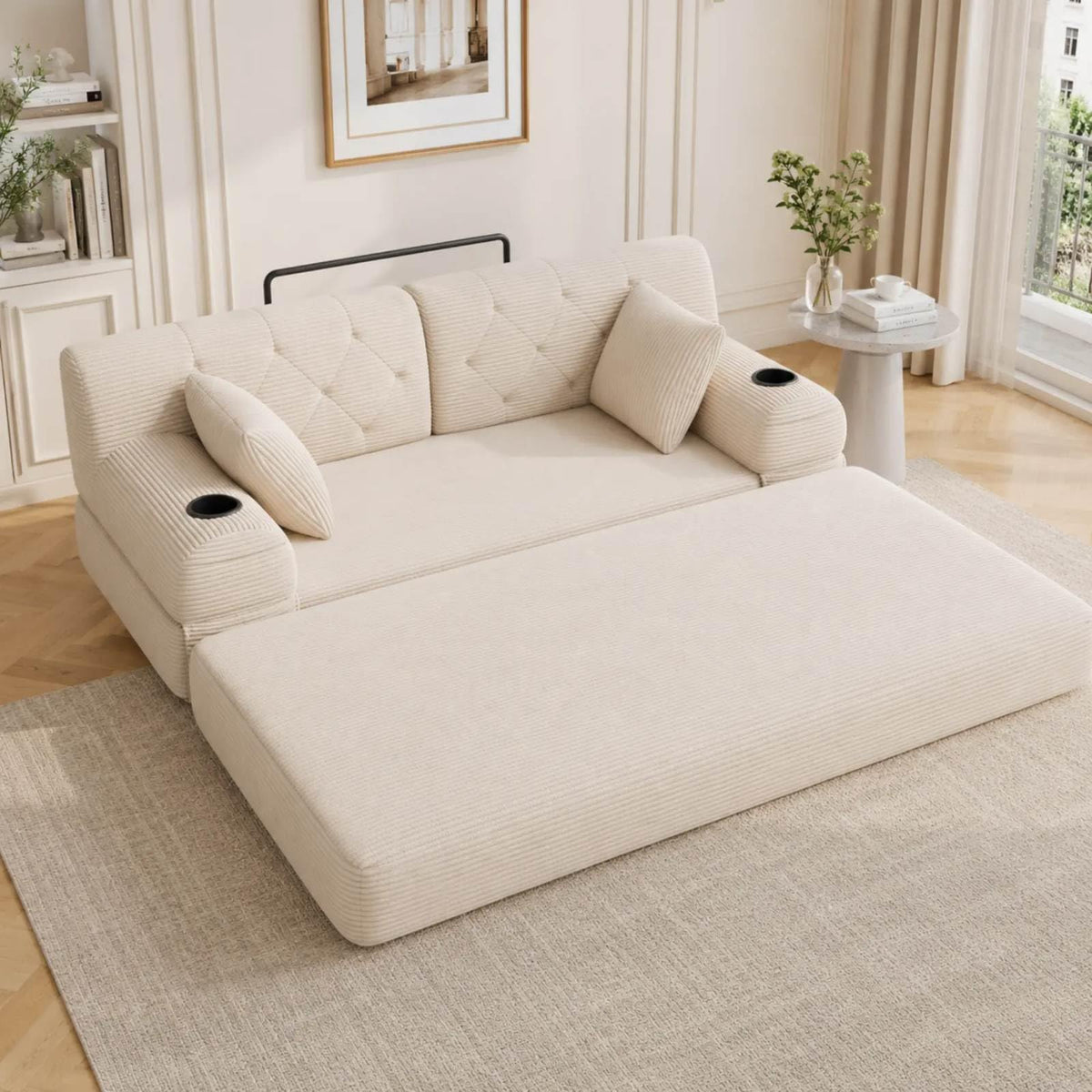 YEHTOKHOME - Sofá de Velor acanalado con respaldo alto y estructura metálica, sofá moderno de 2 plazas con 2 portavasos y 4 bolsillos laterales, para salón, dormitorio (Beige)