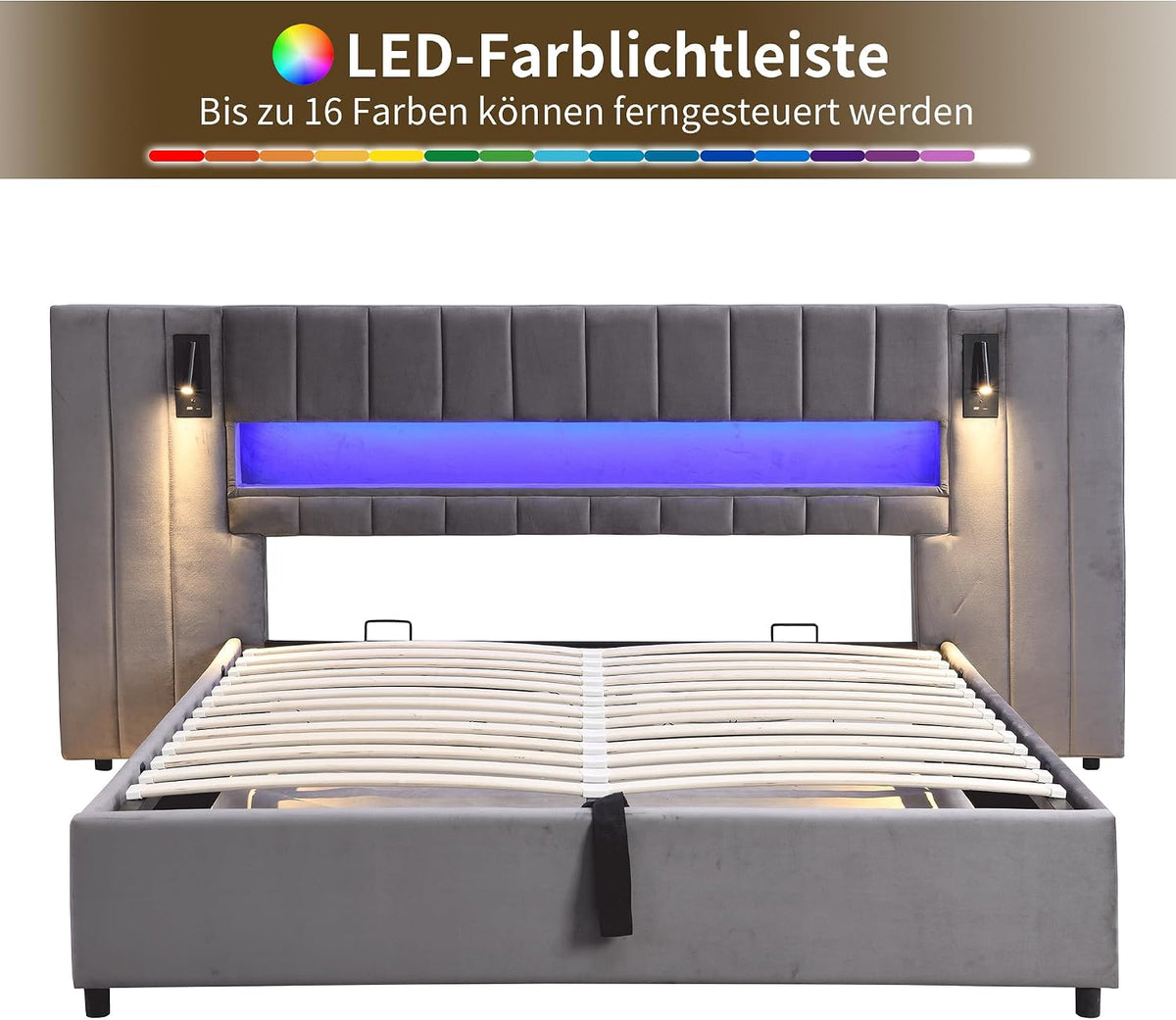Cama 180x200 cm Camas Matrimoniales con LED y Lámpara de Noche, Cama Doble Tapizada con USB y Cabecero Ancho, Almacenaje Hidráulico, Soporte de Lamas de Madera, Terciopelo, Sin Colchón, Gris