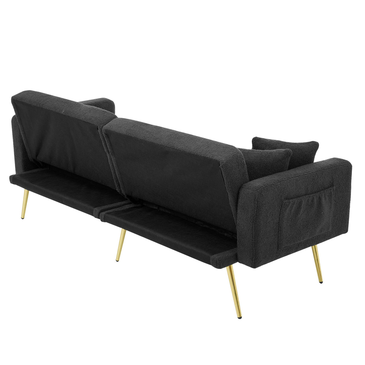 Sofá cama con esquinas ajustables, patas doradas, almohadas y bolsillos laterales para almacenamiento (Bavia)