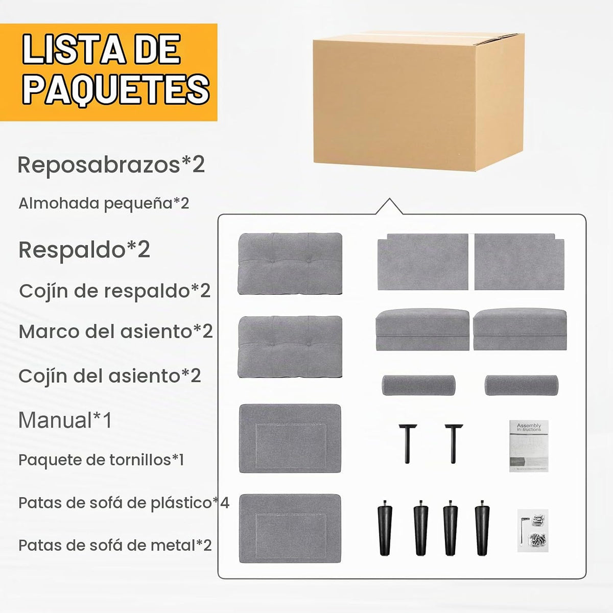 Sofá 2 Plazas, Cojines Gruesos, 2 Bolsillos (Gris Ceniza)