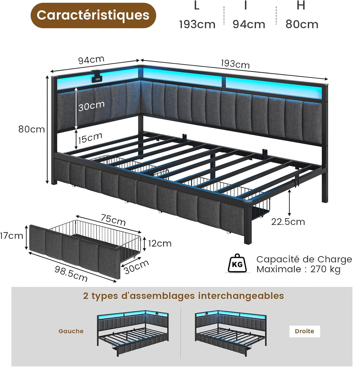 DICTAC Cama Tapizada Sofá Cama 90 x 190 cm con iluminación LED y Toma USB,Camas Juvenil con 2 cajones de Almacenamiento, Estructura de Cama de 90x190 con somier de láminas de Metal, Gris Oscuro