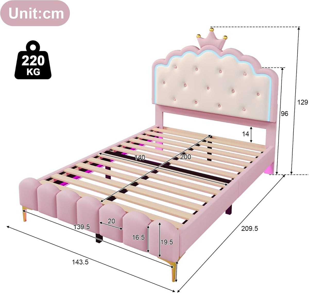 Kebnor Cama tapizada con somier, luz ambiental con mando a distancia, diseño de princesa heredera, material PU, color rosa (sin colchón) (140 x 200 cm)