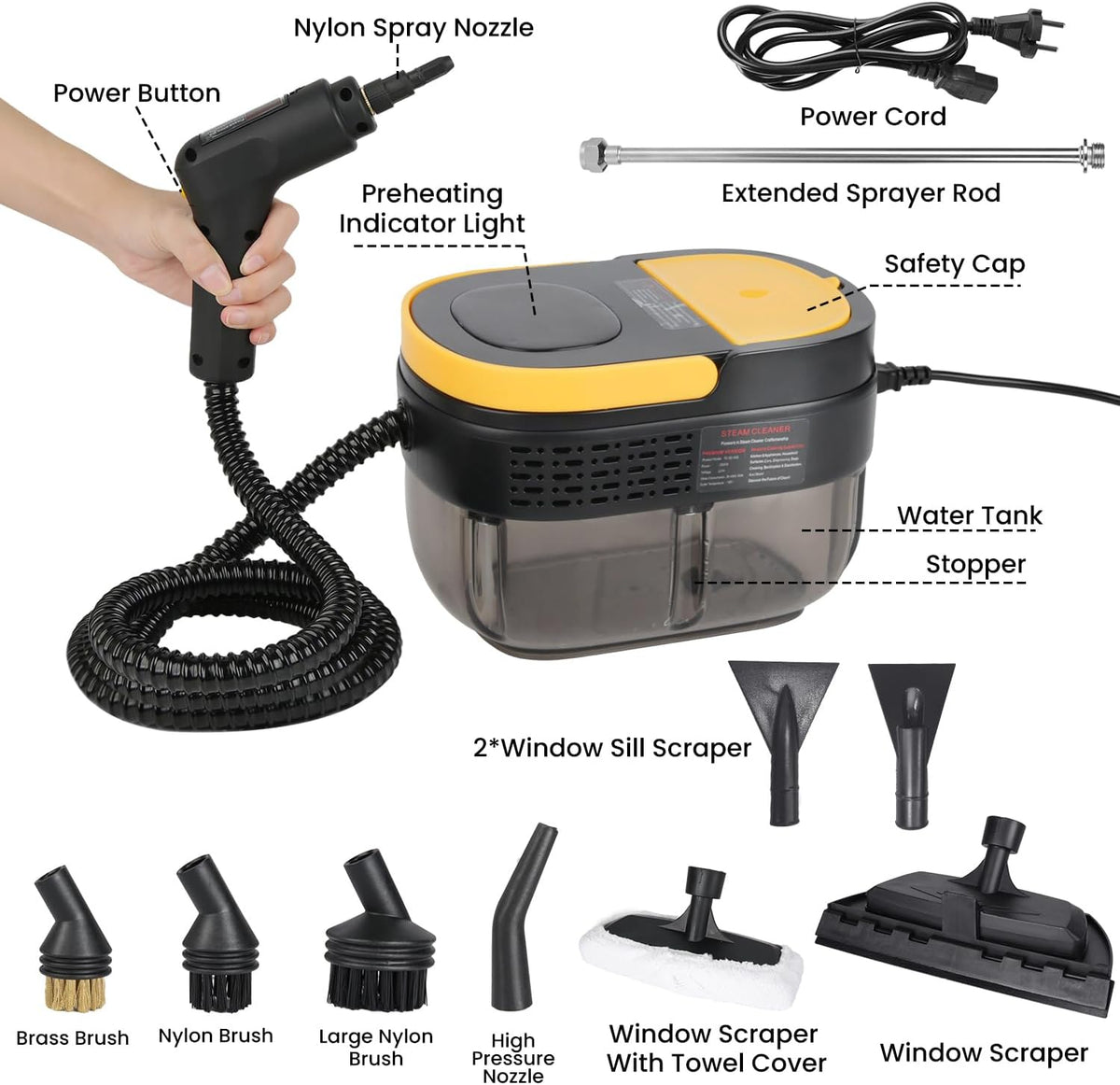 Vaporeta Limpieza Hogar 2500W, Depósito de Agua 1600ML, Mango Regulable en 3 Niveles, Alta Temperatura 105℃ y Presión 3Bar, Calentamiento Rápido 15s, 10 Accesorios, para Coche, Cocina (Amarillo)