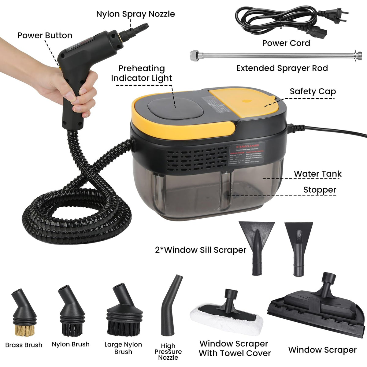 Vaporeta Limpieza Hogar 2500W, Depósito de Agua 1600ML, Mango Regulable en 3 Niveles, Alta Temperatura 105℃ y Presión 3Bar, Calentamiento Rápido 15s, 10 Accesorios, para Coche, Cocina (Amarillo)