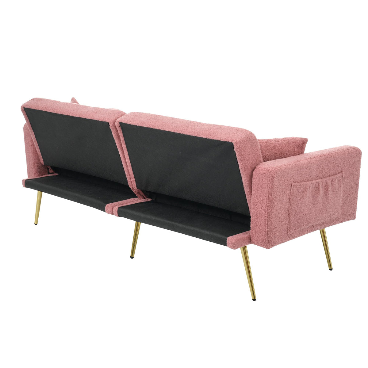 Sofá cama con esquinas ajustables, patas doradas, almohadas y bolsillos laterales para almacenamiento (Bavia)