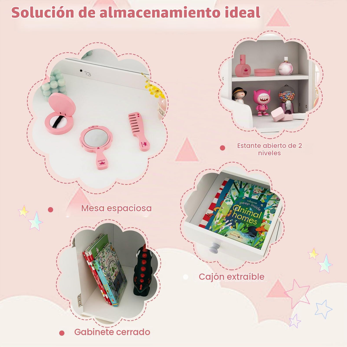 LIFEZEAL 2 en 1 Set de Tocador Niños, Tocador Infantil con Cajón y Estante, Mesa de Maquillaje con Espejo LED y Taburete, para Niñas a Partir de 3 Años
