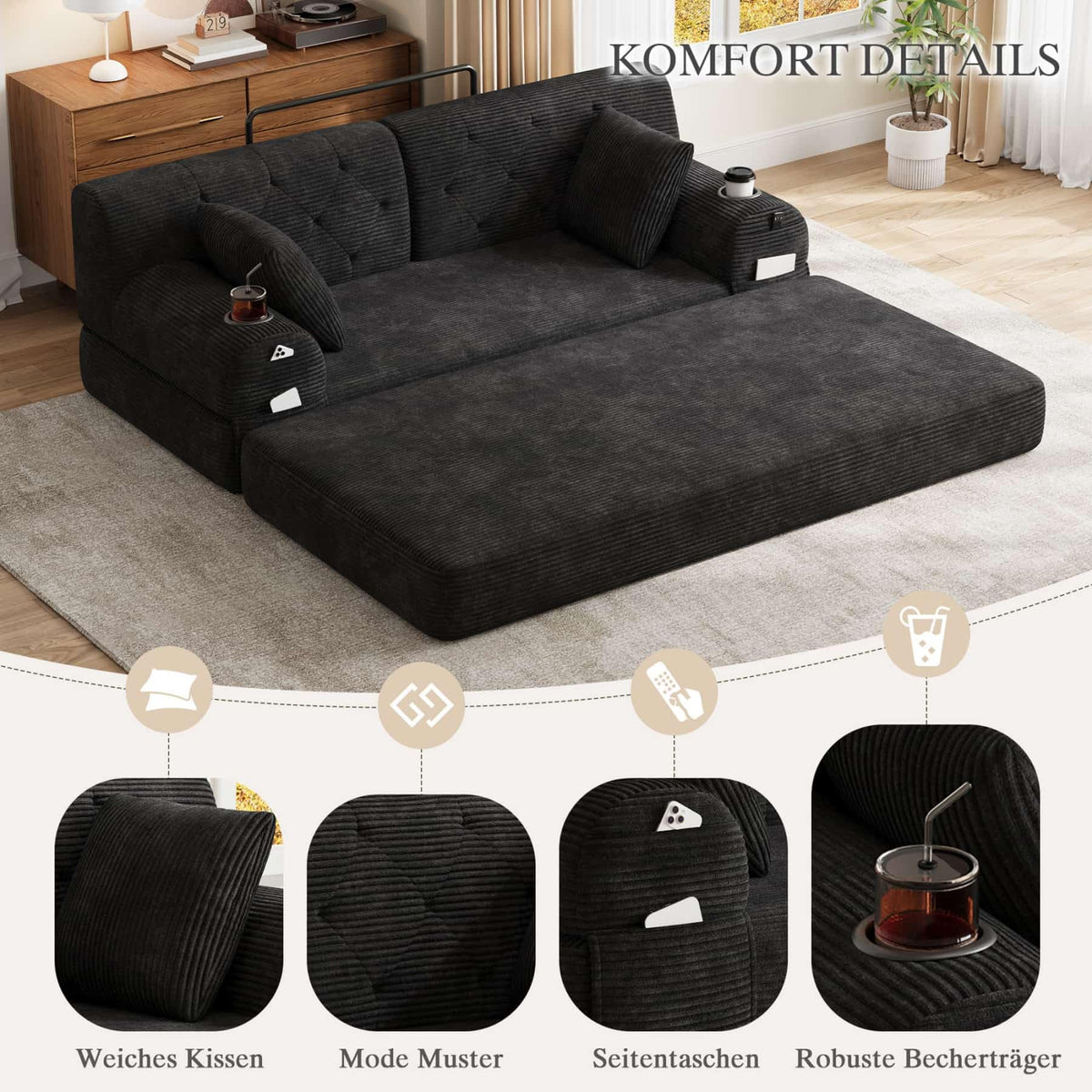 YEHTOKHOME - Sofá de Velor acanalado con respaldo alto y estructura metálica, sofá moderno de 2 plazas con 2 portavasos y 4 bolsillos laterales, para salón, dormitorio (Beige)