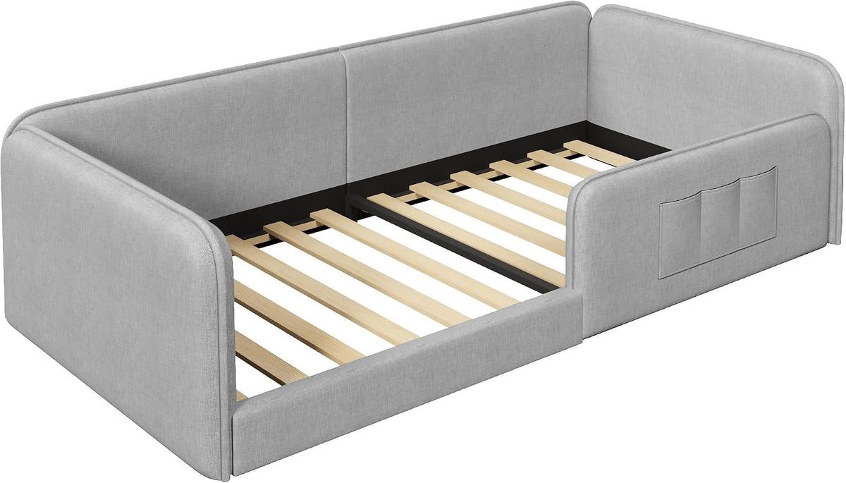 Cama con plataforma 90 x 200 cm con funda de lino suave, acolchado de espuma con marco de seguridad integral, color gris
