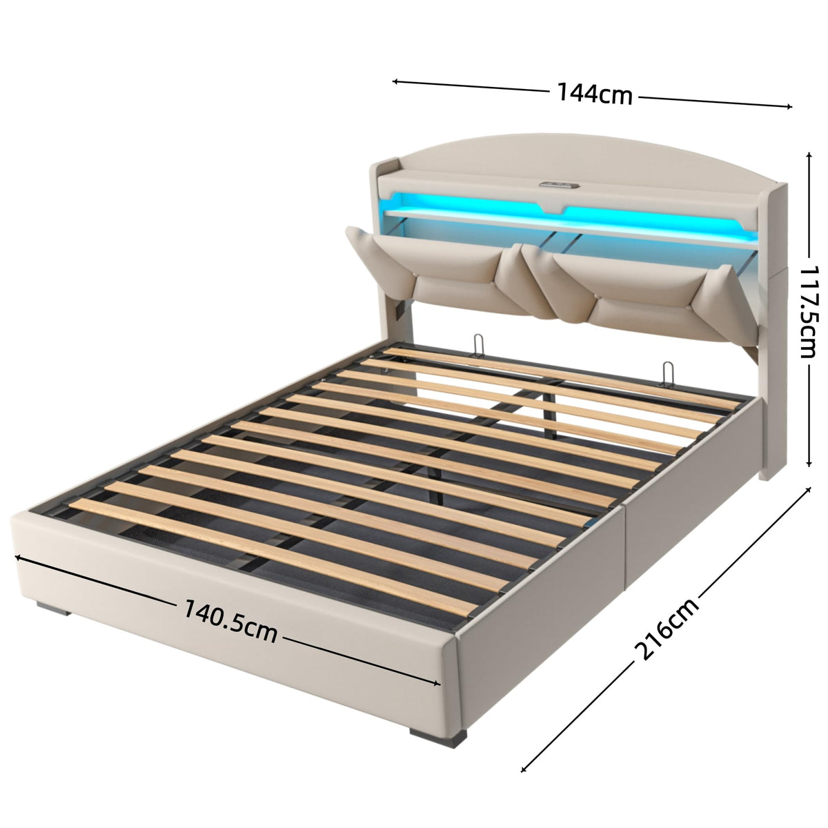 Cama 90x200 cm con Almacenamiento, Cama Individual con LED, Puertos USB y Type-C, Somier 90x200 Hidráulico, Camas Juveniles Camas Infantiles con Cabecero, Lino, Beige, Colchón No Incluido