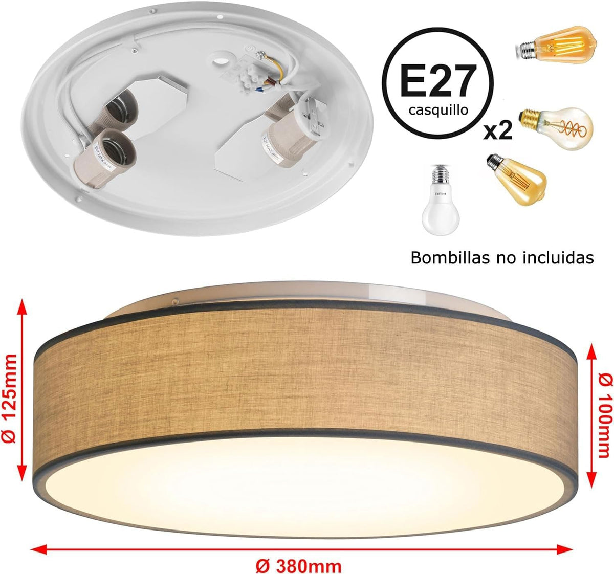 Plafón de Techo Redondo de Tela 38 cm, Pantalla Textil con 2 Casquillo E27 (40W máx.) Lámpara de Techo para Salón, Dormitorio, Pasillo o Habitación Infantil,Sin bombilla (Taupe, 38)