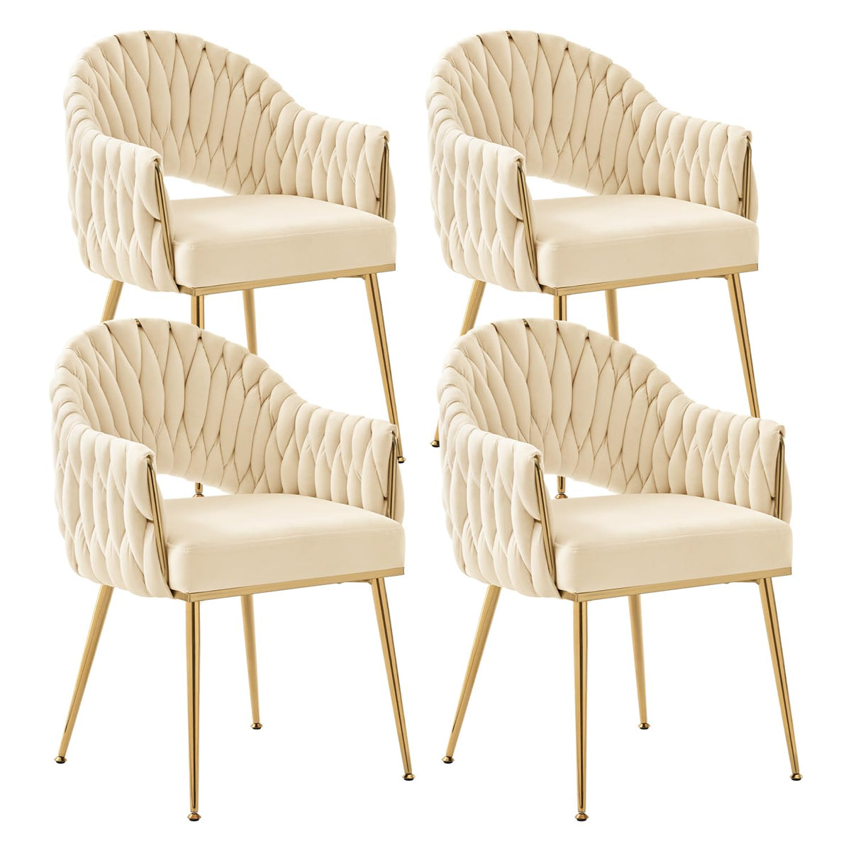 Juego de 4 sillas de comedor de terciopelo, sillones de salón, sillas de comedor con reposabrazos, sillas de cocina con respaldo alto trenzado a mano, silla de tocador con patas doradas