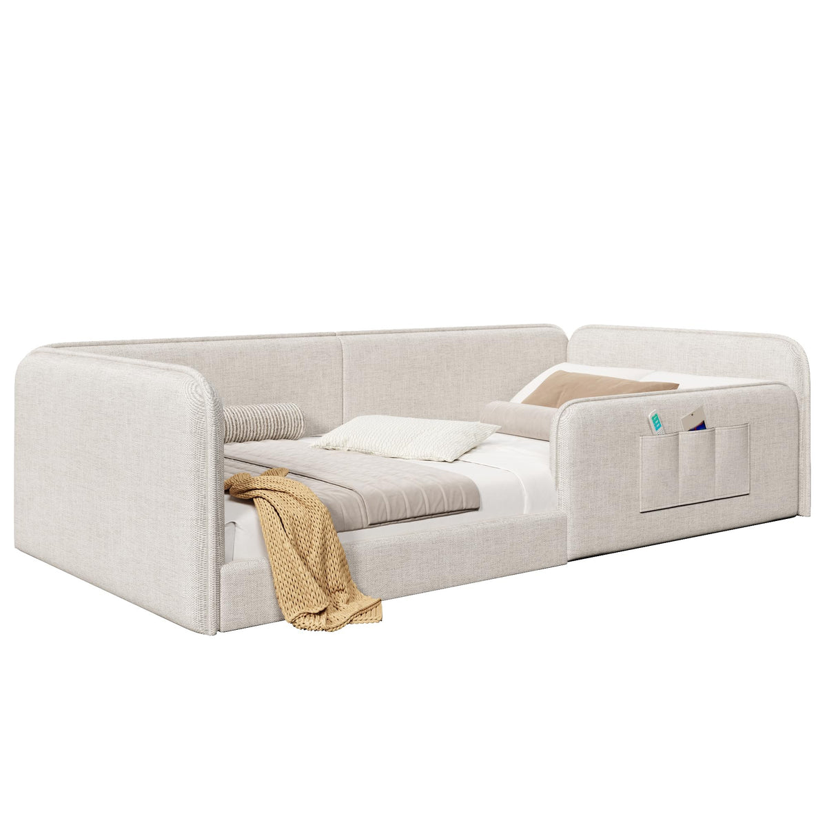 Cama con plataforma 90 x 200 cm con funda de lino suave, acolchado de espuma con marco de seguridad integral, color gris