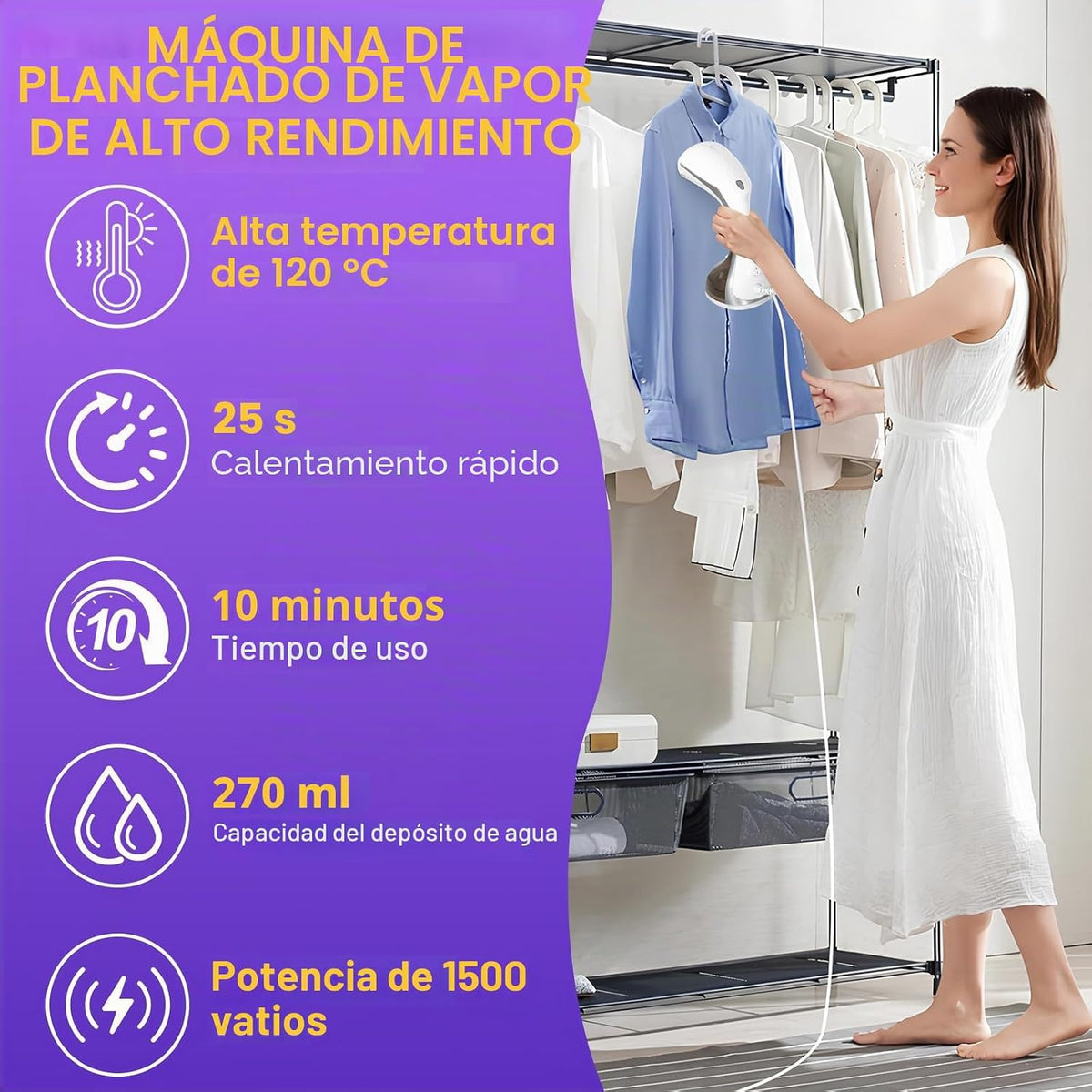 Plancha Vertical Vapor 1500W，Plancha Vapor Vertical Portátil con 270ml de Tanque Plancha Vapor para Elimina Arrugas Calentamiento Rápido, Cable de 1,8 M, Ideal para Viajes y Uso Doméstico