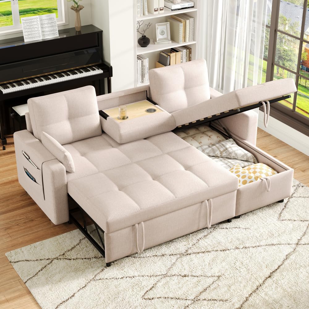 Sofá esquinero extensible en forma de L con puerto USB y portavasos, sofá cama de 4 plazas con función cama, sofá convertible con espacio de almacenamiento y reposabrazos, cojines, chenilla
