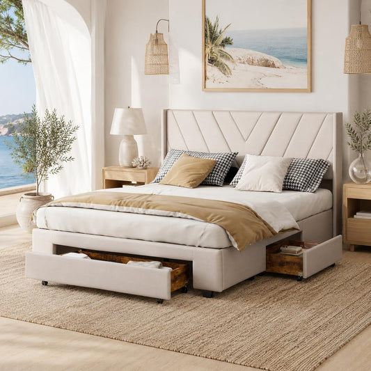 BRILVERDE Cama de matrimonio 160x200 cm, cama tapizada con 3 cajones, cama con cabecera y somier de láminas, sin colchón, lino (Beige(59), 160x200 cm)
