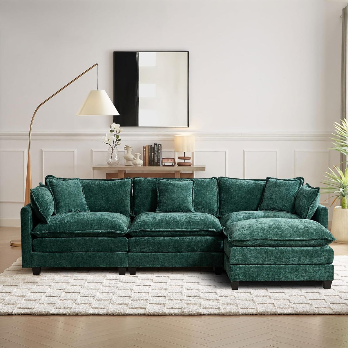 Sofá Modular Modular de 380.0 cm en Forma de L, sofás Convertibles de Gran tamaño, sofá de felpilla de 4 plazas con Asiento Profundo SleeperCloud con Almohadas y 2 otomanas para Sala de