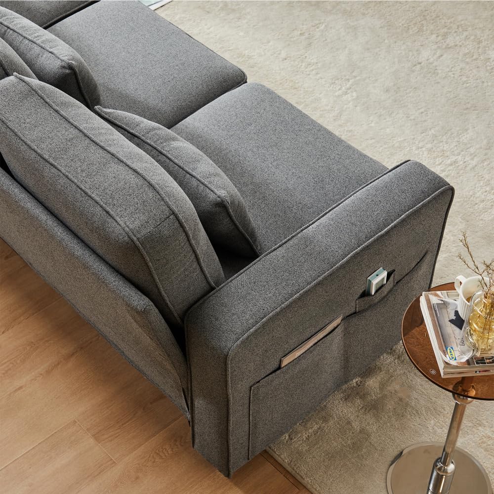 Lubvtti Sofá moderno de 4 plazas con bolsillos para reposabrazos y 4 cojines, con consola, 2 portavasos y 2 enchufes USB, de lino, adecuado para muchas ocasiones (Dark Gris+USB)