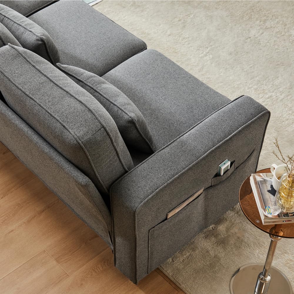 Lubvtti Sofá moderno de 4 plazas con bolsillos para reposabrazos y 4 cojines, con consola, 2 portavasos y 2 enchufes USB, de lino, adecuado para muchas ocasiones (Dark Gris+USB)