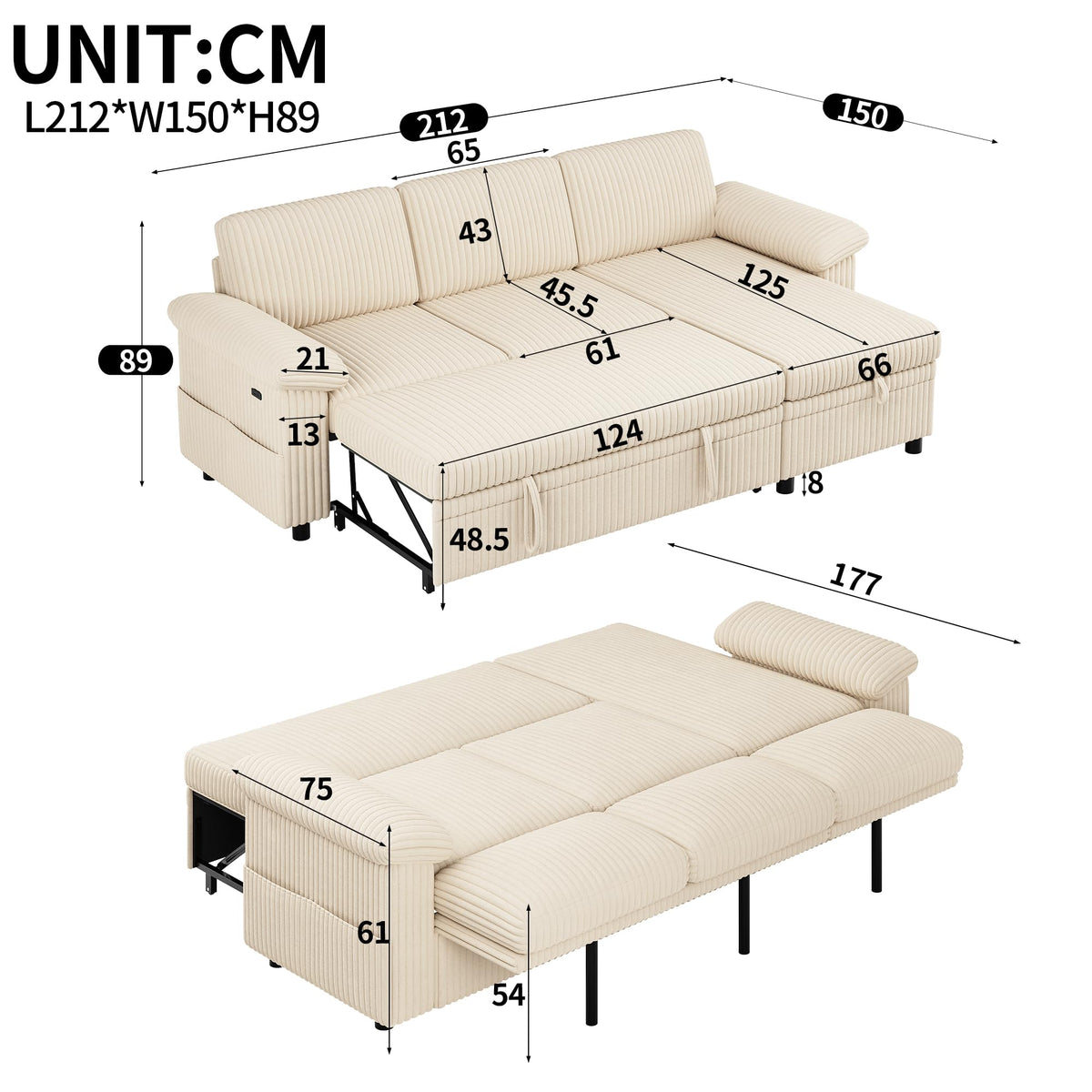 Sofá modular de 3 plazas con función cama extensible y USB/Type-C, sofá esquinero en forma de L con reposacabezas semifijos y compartimento de almacenamiento, sofás con chaise longue