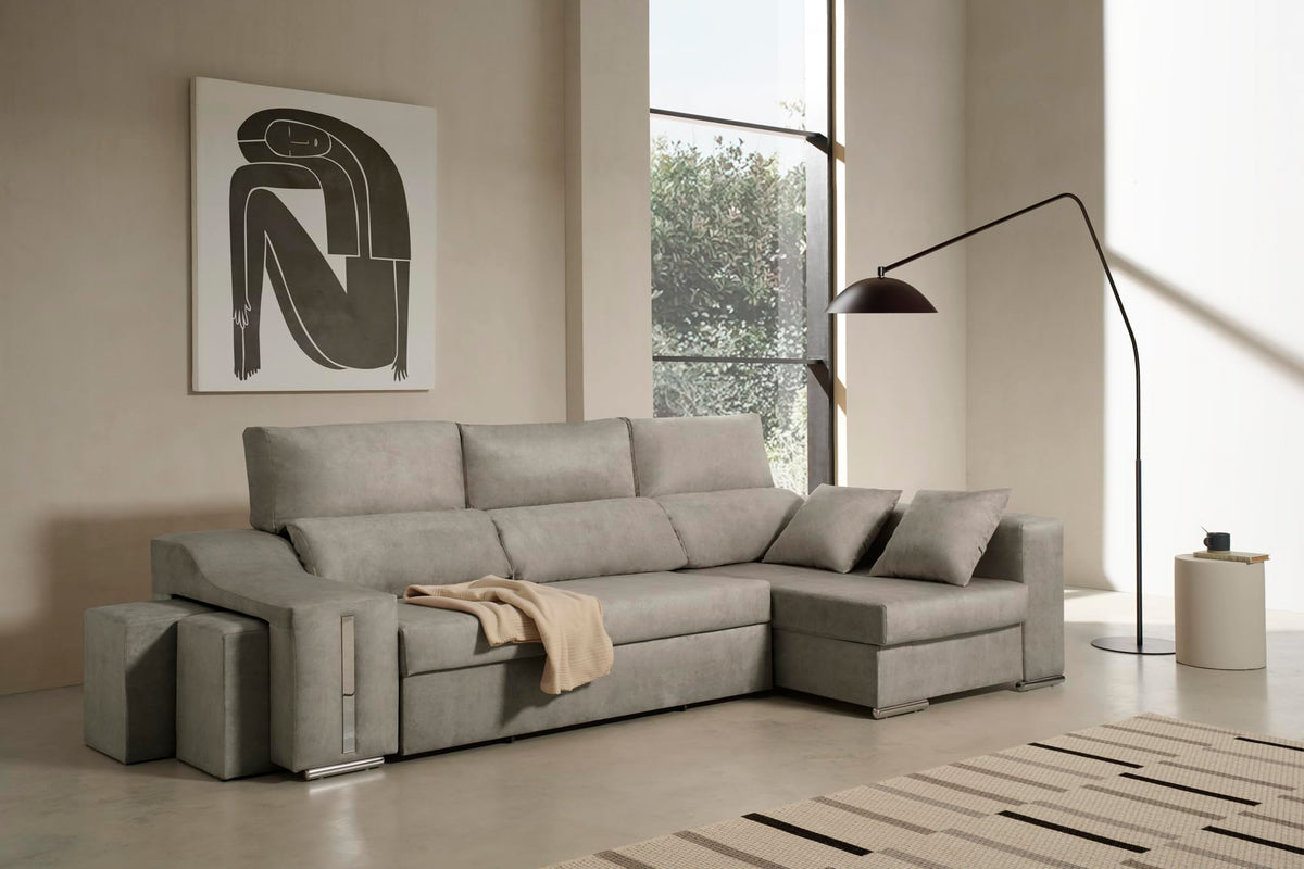 Sofa Chaise Longue Cama con Arcón y Puff Giuliana Agua Marina Izquierda