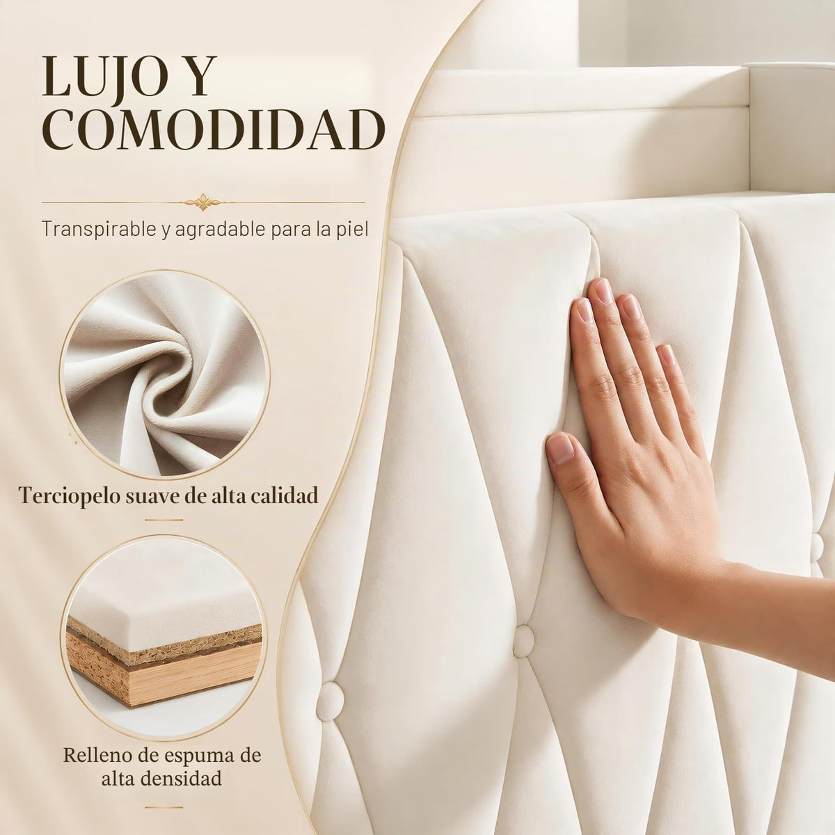 BRILVERDE Cama Tapizada 160x200 con Almacenamiento, Cama matrimonial con cajones, Cama Nido con LED, Cabecero Acolchado y Base de Láminas, Terciopelo (Beige, 160 x 200 cm)