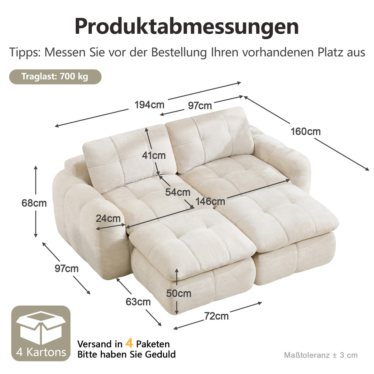 Sofá de 3 plazas con 1 taburete chenilla beige