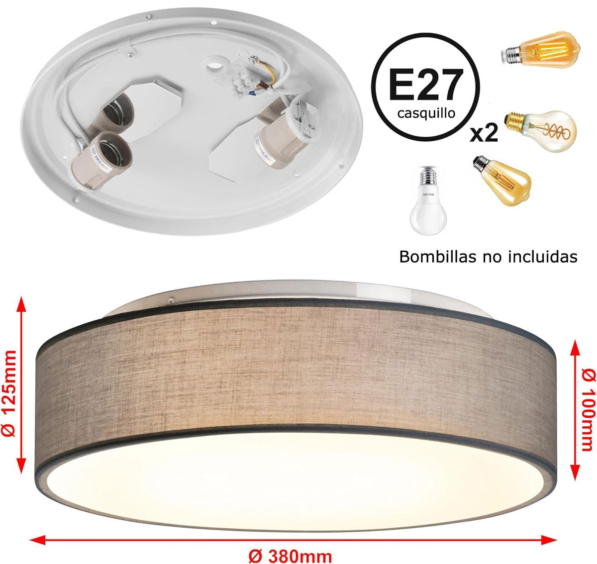 Plafón de Techo Redondo de Tela 38 cm, Pantalla Textil con 2 Casquillo E27 (40W máx.) Lámpara de Techo para Salón, Dormitorio, Pasillo o Habitación Infantil,Sin bombilla (Taupe, 38)