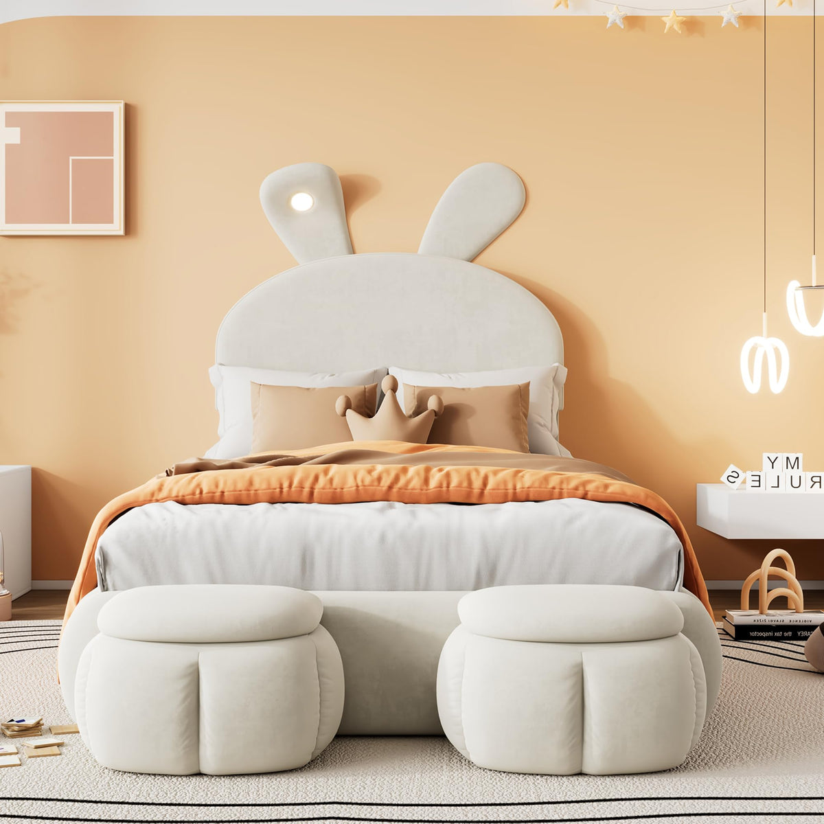 Soweiz Cama tapizada, cama individual, con orejas de conejo y tiras de luz de color cálido con brillo ajustable, con dos cajones de almacenamiento, cama infantil con somier de madera, terciopelo